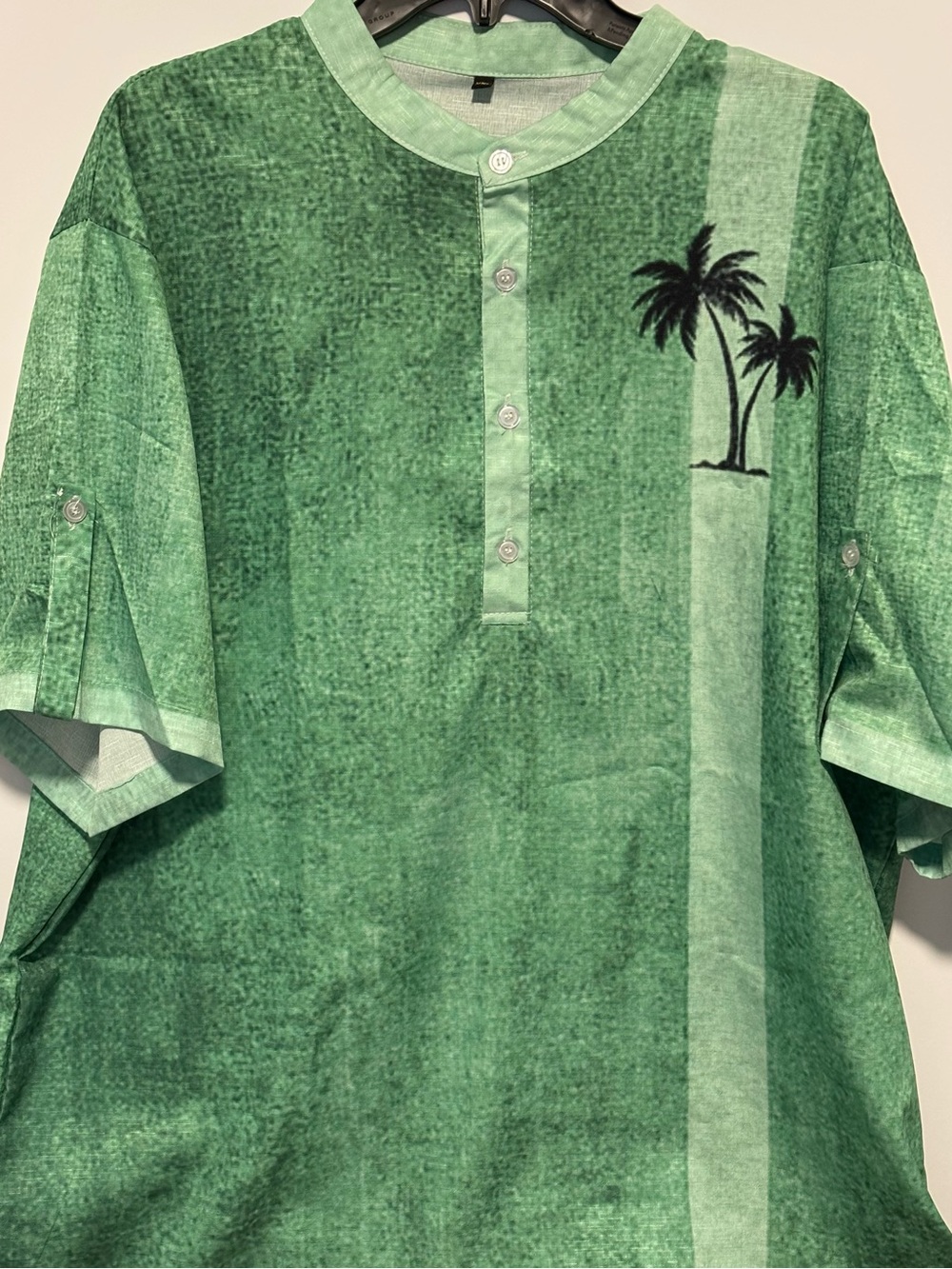 Green Palm-Print Henley Shirt with band collar